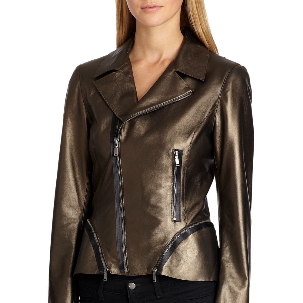 Elie Tahari Emalia leather jacket peplum metallic